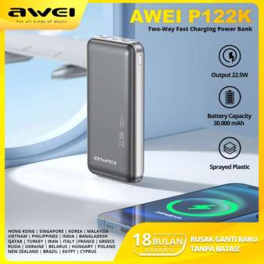 AWEI Powerbank 30000mAh PD 22.5W Fast Quick Charging P122K - Abu-abu Hitam