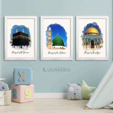 Hiasan Dinding Wall Decor Islami Kabah Masjid Al Haram Nabawi Al Aqsa Frame Putih