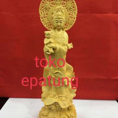patung dewi kwan im / kwan in / guan yin gendong anak - 34 cm - kayu