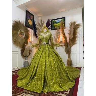 Baju pakaian gaun pengantin busana pernikahan wanita gown dress wedding dress mekar sequin muslim pe