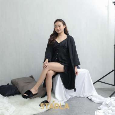 Jaya Hebat Starla Everly Baju Tidur Piyama Kimono 3in1 Set BLACK