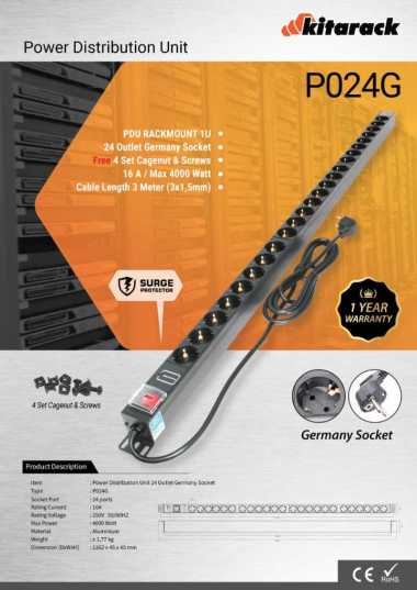 P24G - PDU Rackmount 1U 24 Outlet Germany Socket 19" KITARACK - BANDUNG