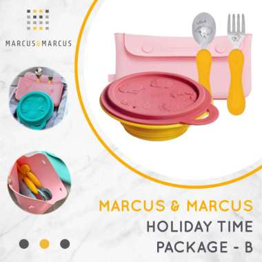 M&M Holiday Time Package B (Marcus&Marcus Collapsible Bowl Red & Cutlery Pouch Pink & Easy Grip Spoo