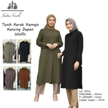 Tunik lengan panjang kancing depan kerah kemeja no brand polos Hitam