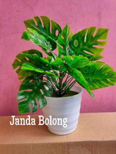 Bunga Plastik Hias Tanaman pot Bonsai Monstera Janda Bolong Palem warna Abu-abu
