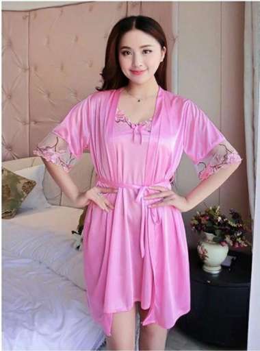 setelan kimono piyama lingerie satin sexy pink