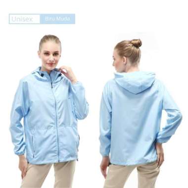 Jaket Olahraga Parasut Jaket Running Sepeda Waterproof Pria Wanita - H M Biru Muda
