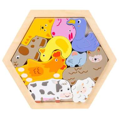 Puzzle 3D Hexagon Animal Wooden Montessori Wooden Chunky Hexagon Puzzle Mencocokan Bentuk Karakter P