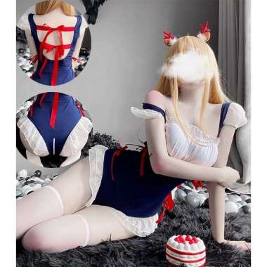 Baju tidur Cosplay Sexy Bikini Desain tali backless Open Lace Babydoll FREE NavySoking