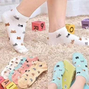 Kaos Kaki pendek motif Wanita Lucu Kucing D1221 bahan nyaman murah