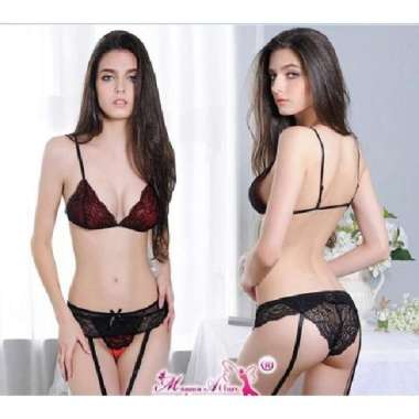 Sexy Bra dan G String Suspender & Garter transparan Bikini Babydoll ho Hitam&Stoking