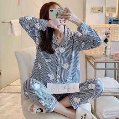 Baju Tidur Lengan Panjang | Piyama Import | Baju Tidur Wanita Dewasa | Piyama Wanita Set Smile Garis