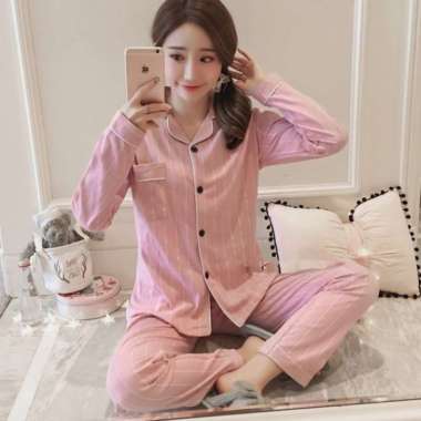 Baju Tidur Lengan Panjang | Piyama Import | Baju Tidur Wanita Dewasa | Piyama Wanita Set Pink Garis
