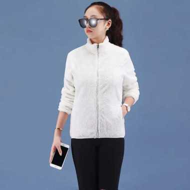 Sweater Wanita Berkualitas - Jaket Sherpa Ziper L putih