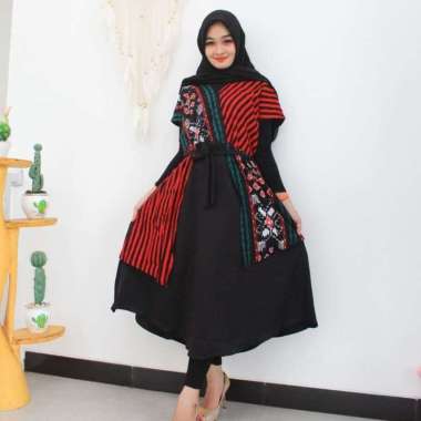 Dress Tunik Batik Wanita Dewasa Allsize Motif Daun Hitam Kombinasi Wolfis Hitam