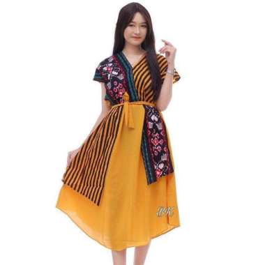 Dress Tunik Batik Wanita Dewasa Allsize Motif Daun Hitam Kombinasi Wolfis Kuning