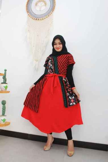 Dress Tunik Batik Wanita Dewasa Allsize Motif Daun Hitam Kombinasi Wolfis Merah