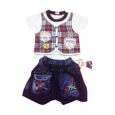 MOM Setelan Anak Kaos Rompi Celana Jeans - Kotak Merah