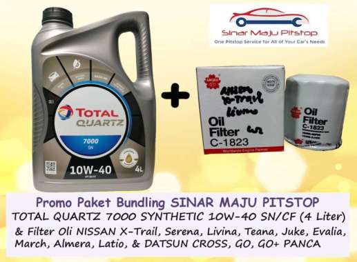 Paket Bundling Oli TOTAL QUARTZ 7000 SAE 10W-40 SN SYNTHETIC 4 Liter & Filter Oli Mobil DATSUN GO HA