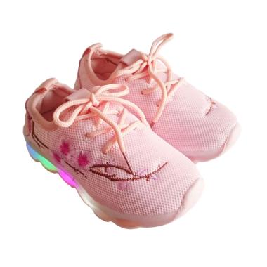 Kids Fashion Motif Flower Sakura Pink Kets LED Sepatu Anak