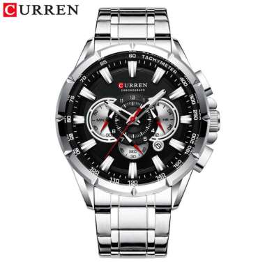 CURREN 8363 Jam Tangan Pria Analog Stainless Steel Chronograph Aktif Luminous Hand Silver Hitam
