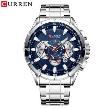 CURREN 8363 Jam Tangan Pria Analog Stainless Steel Chronograph Aktif Luminous Hand Silver Biru