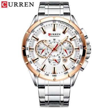 CURREN 8363 Jam Tangan Pria Analog Stainless Steel Chronograph Aktif Luminous Hand Silver Gold-Putih