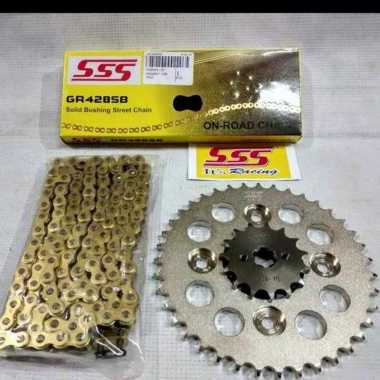 Gear Set SSS Satria FU FI / FU Injeksi Rantai 428 SB Gold Gold Chrome