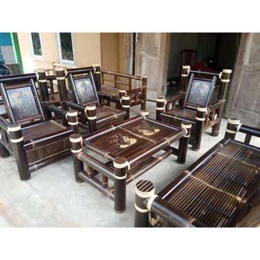 meja kursi ruang tamu bambu hitam ikat rotan