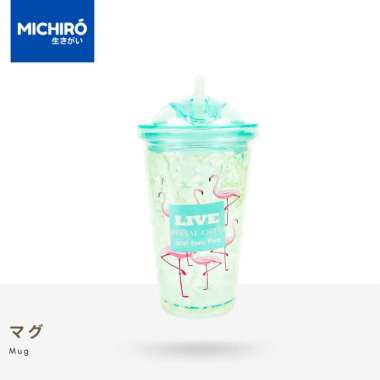 Michiro Mug Plastik Dengan Sedotan Flamingo Ice Crystal Frosty Mug Blue