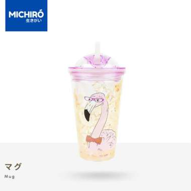 Michiro Mug Plastik Dengan Sedotan Flamingo Ice Crystal Frosty Mug Purple
