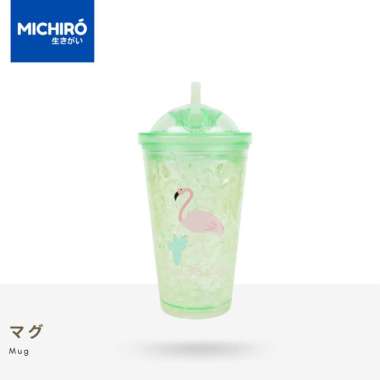 Michiro Mug Plastik Dengan Sedotan Flamingo Ice Crystal Frosty Mug Green