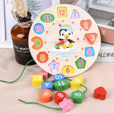 FG Penguin Beaded Clock mainan edukasi jam Penguin dan meronce/ jam kayu / jam geometri/ puzzle bent