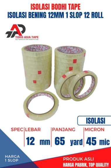 ISOLASI / SELOTIP BENING BODHI TAPE 12MM X 65YARD 1 SLOP 12 ROLL BENING