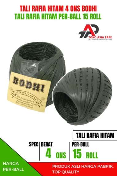 TALI RAFIA HITAM 4 ONS / TALI PLASTIK RAFIA 4 ONS MERK BODHI TAPE PER-BALL HITAM