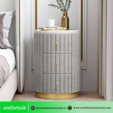 MEJA NAKAS 3 LACI BUNDAR TOP MARMER / MODERN BEDSIDE TABLE NORDIC Marmer Abu-abu