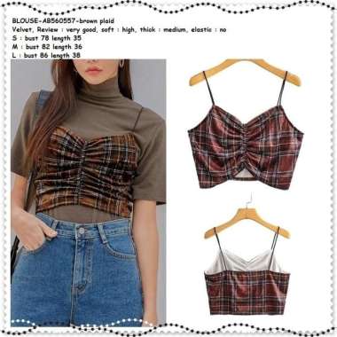 AB560557 Baju Atasan Crop Tank Top Kotak Blouse Wanita Korea Import