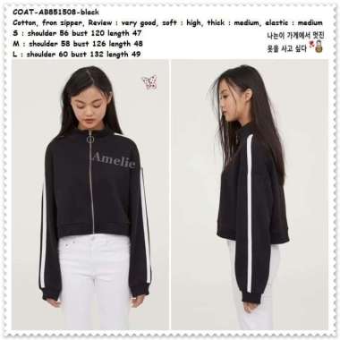 AB851508 Sporty Crop Jacket Jaket List Wanita Korea Import Black Hitam