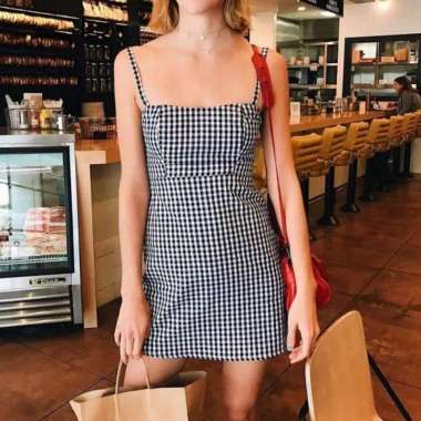Dress Mini Wanita Tanpa Lengan Motif Kotak-Kotak Untuk Musim Panas Show The Pic - S