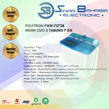 POLYTRON PWM-7072B MESIN CUCI 2 TABUNG 7 KG (NEW) (KHUSUS BANDUNG)