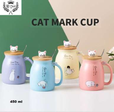 Cangkir Keramik Cat Mark Cup Gift Set Ceramic Mug 450 ml dengan sendok PINK warna