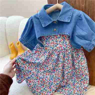 Dress Flower Set Denim Outer/Dress Anak Perempuan 140