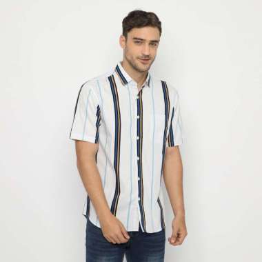 Platini Kemeja Motif Salur Pria Lengan Pendek Putih 131990 M