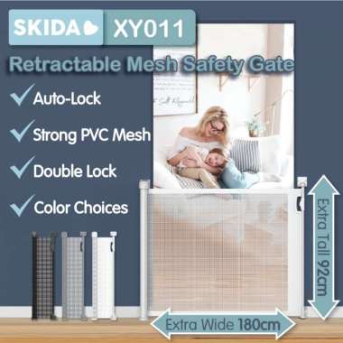 SKIDA Retractable Auto Lock Mesh Safety Gate Baby Pet Pagar Pengaman Anak Bayi XY011 140 Grey