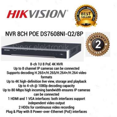 HIKVISION NVR 8CH POE DS7608NI-Q2 H.265+