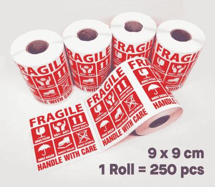 Sticker Label Fragile Stiker Hati-Hati Awas Pecah 9 x 9 cm (1 roll/ 250 pcs) Merah
