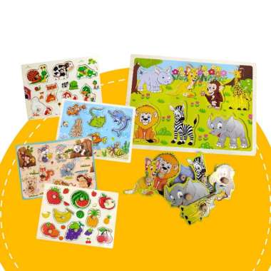 ONE-M302 Puzzle Kayu Mainan Edukasi Anak Balok Kayu Knob Background Bergambar / Maenan Wooden Toys E