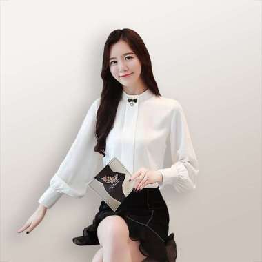Okechuku RIYANA Blus Lengan Panjang Wanita Gaya Korea Model Terbaru XL Putih