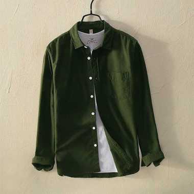 Kemeja Atasan Hem Polos Lengan Panjang Pria Kasual Formal Army XL