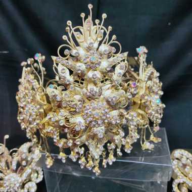 Siger Ciki Daun Mahkota Pengantin Sunda Motif Klasik Bertabur Crystal Cantik Gold